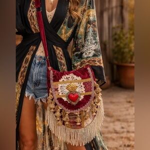 Sacred Heart Milagros Upcycled Purse Mexican Folk Art Crossbody Adj Strap Lined